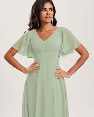 Chiffon Bridesmaid Dresses Short A-Line V Neck Asymmetrical Prom Dress for Women Formal Party Gowns with Pockets