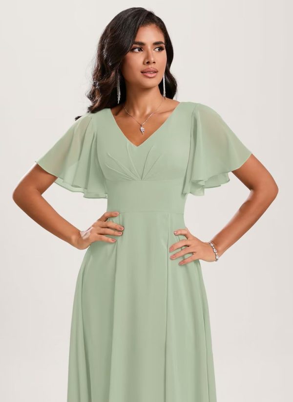 Chiffon Bridesmaid Dresses Short A-Line V Neck Asymmetrical Prom Dress for Women Formal Party Gowns with Pockets