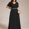 Beading Waist A Line Short Sleeves Chiffon Plus Size Maxi Formal Evening Dresses for Curvy Women 11981-DA