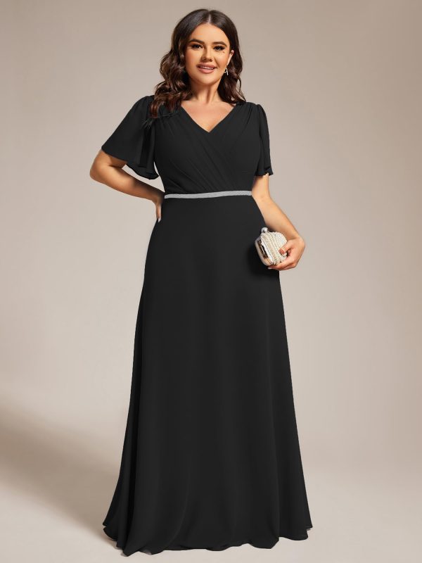 Beading Waist A Line Short Sleeves Chiffon Plus Size Maxi Formal Evening Dresses for Curvy Women 11981-DA