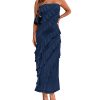 Women Summer Elegant Strapless Midi Ruched Bodycon Dress Solid Color Stretch Mesh Slim Party Cocktail Dresses