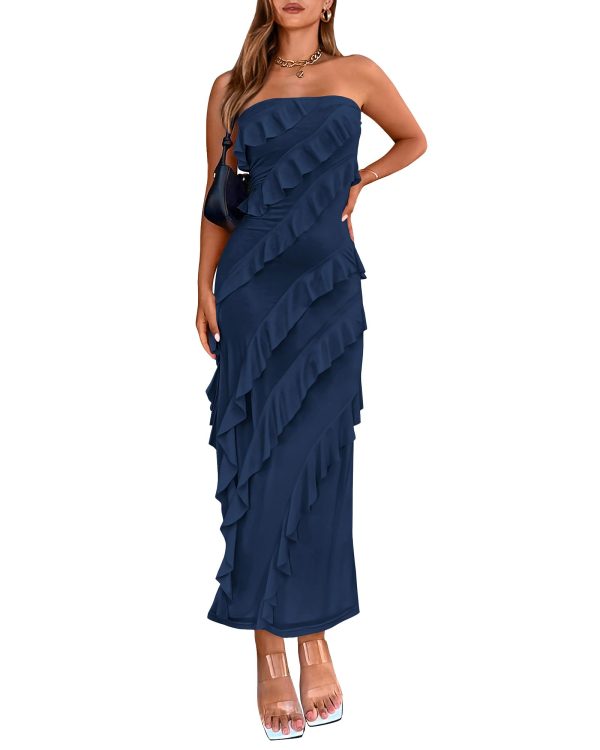 Women Summer Elegant Strapless Midi Ruched Bodycon Dress Solid Color Stretch Mesh Slim Party Cocktail Dresses