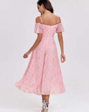 Women's Summer Cold Shoulder Hi-Lo Asymmetrical Hem Flowy Chiffon Short Wedding Guest Dress 02103