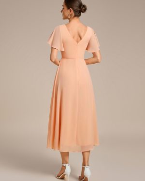 Women's Summer Chiffon Pleated V-Neck Short Wedding Guest Dress with Ruffled Sleeves 01923