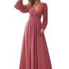 Women's V Neck Long Sleeves Floor Length Ruched Chiffon Formal Dress 00461