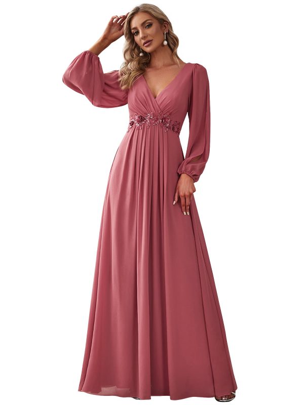 Women's V Neck Long Sleeves Floor Length Ruched Chiffon Formal Dress 00461