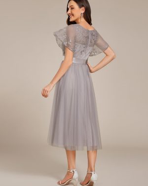 Women's Round Neck Lace Embroidered Short Sleeve A Line Tea-Length Cocktail Dress 02293