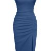 2025 Women's Mock Neck Side Slit Ruched Bodycon Cocktail Party Wedding Guest Midi Dress