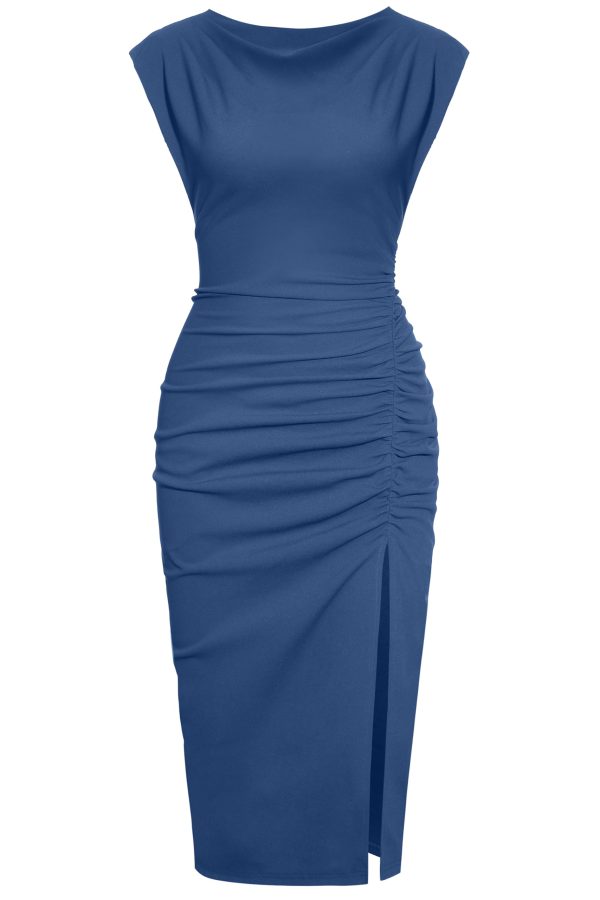 2025 Women's Mock Neck Side Slit Ruched Bodycon Cocktail Party Wedding Guest Midi Dress