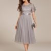 Women's Round Neck Lace Embroidered Short Sleeve A Line Tea-Length Cocktail Dress 02293