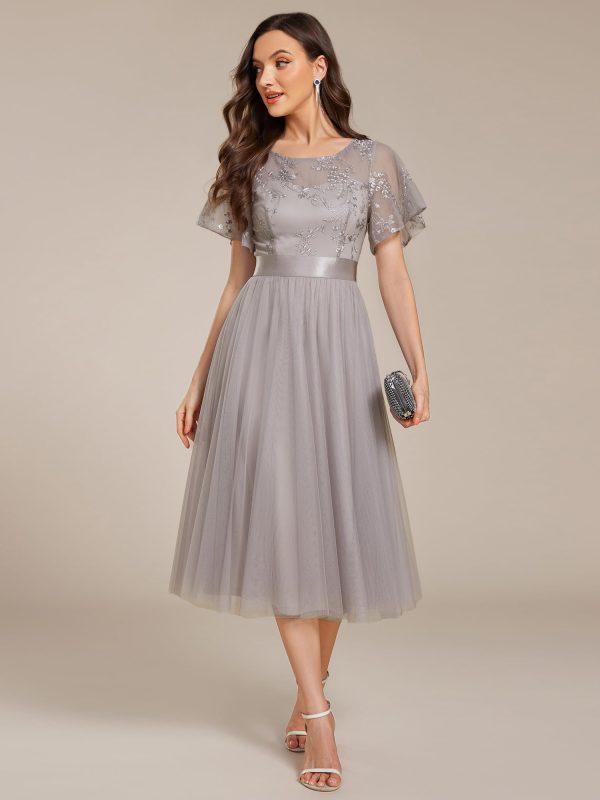 Women's Round Neck Lace Embroidered Short Sleeve A Line Tea-Length Cocktail Dress 02293