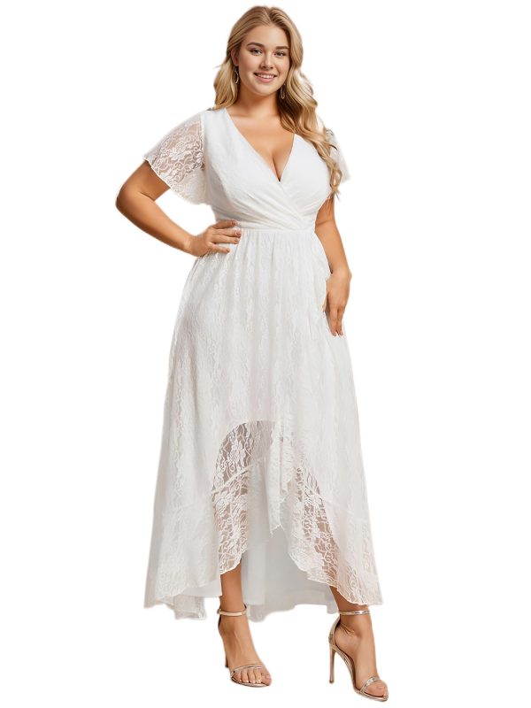 Women's V Neck Ruffles Sleeves High Low Lace Plus Size Summer Cocktail Party Wedding Guest Dresses 01489-DAPH
