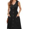 Women Summer Dresses Sleeveless Casual Loose Swing Button Down Midi Dress with Pockets