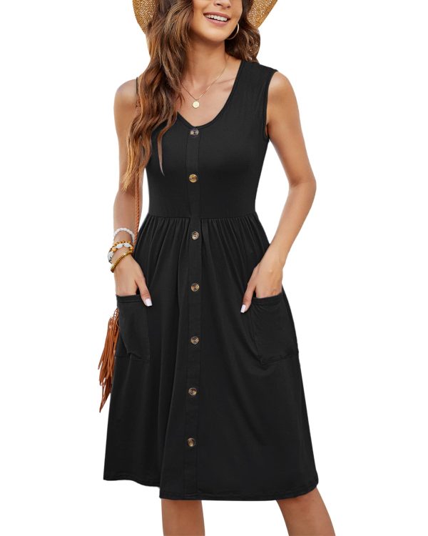 Women Summer Dresses Sleeveless Casual Loose Swing Button Down Midi Dress with Pockets