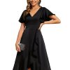 Women's V Neck Satin Short Sleeve A Line Hi-Lo Midi Asymmetry Hem Bridesmaid Dress 02318