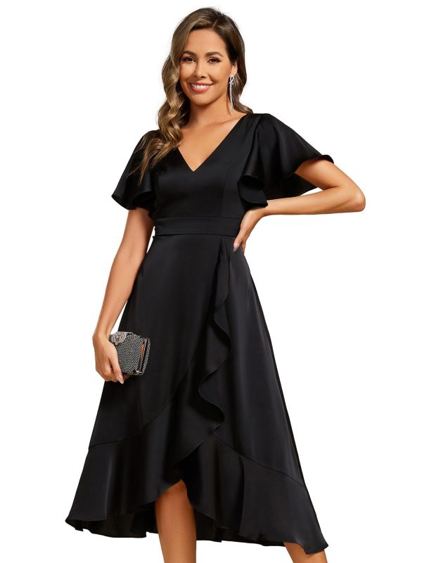 Women's V Neck Satin Short Sleeve A Line Hi-Lo Midi Asymmetry Hem Bridesmaid Dress 02318
