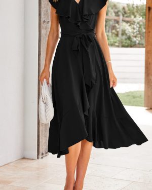 Women's 2025 Summer Cross Midi Dress Casual Boho Deep V Neck Short Sleeve Ruffle Hem Split Beach Long Dresses