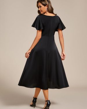 Women's V Neck Satin Short Sleeve A Line Hi-Lo Midi Asymmetry Hem Bridesmaid Dress 02318