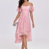 Women's Summer Cold Shoulder Hi-Lo Asymmetrical Hem Flowy Chiffon Short Wedding Guest Dress 02103
