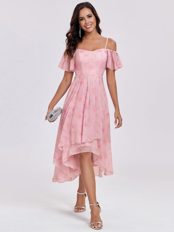 Women's Summer Cold Shoulder Hi-Lo Asymmetrical Hem Flowy Chiffon Short Wedding Guest Dress 02103
