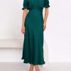 Women's 2025 Summer Satin Midi Dress Off The Shoulder Wrap Ruched Wedding Guest Party Cocktail Formal Prom Dresses