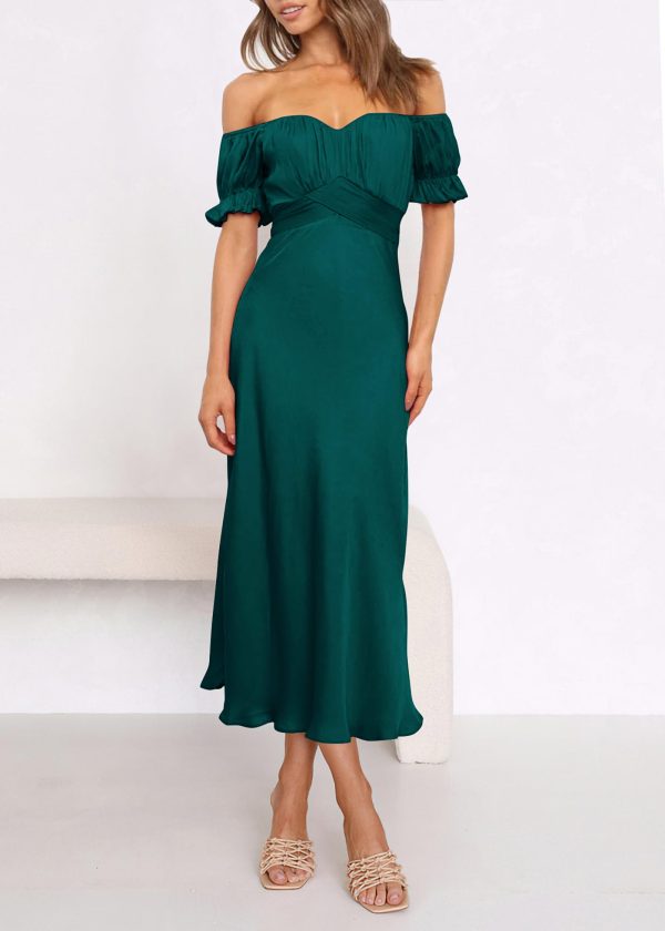 Women's 2025 Summer Satin Midi Dress Off The Shoulder Wrap Ruched Wedding Guest Party Cocktail Formal Prom Dresses