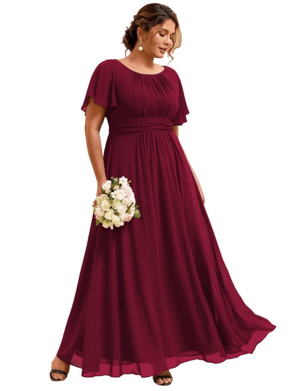 Women's Summer Round Neck A Line Pleated Chiffon Short Sleeves Plus Size Formal Gowns Bridesmaid Dresses