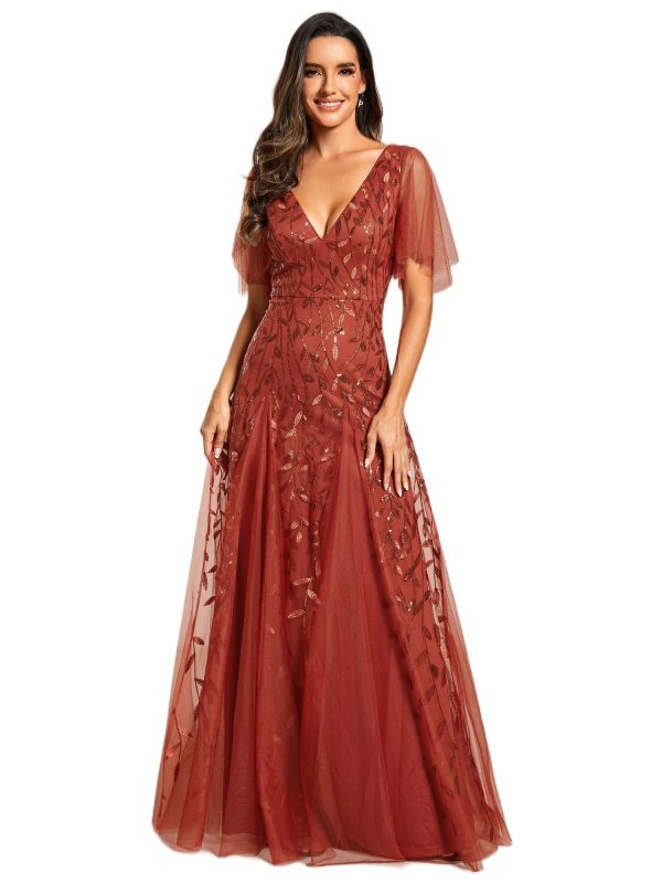 Women's Sequin Sparkly V-Neck Short Sleeve Maxi Evening Dress 00734