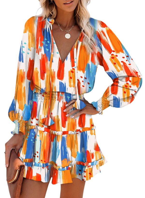 Spring Dresses for 2025 Boho Floral Drawstring V Neck Smocked Long Sleeve Ruffle Tiered Chiffon Mini Short Dress