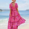 Summer Casual Bohemian Floral Dresses for Women Puff Short Sleeve Long Maxi Dress with Pockets ETX