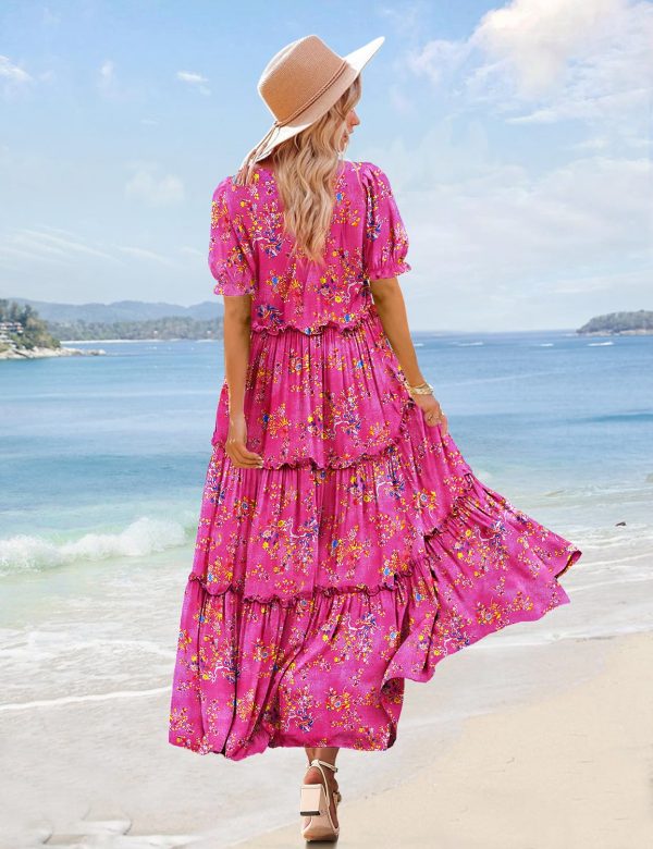Summer Casual Bohemian Floral Dresses for Women Puff Short Sleeve Long Maxi Dress with Pockets ETX