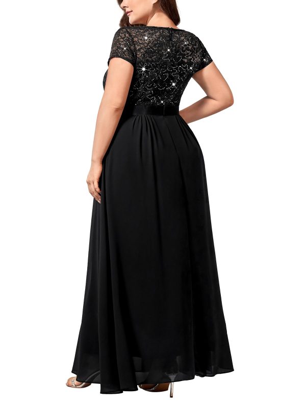 Women's Plus Size Sequin Floral Lace V Neck Formal Bridesmaid Evening Flowy Maxi Dress Black