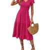Women Casual Summer Short Ruffles Tiered Sleeve Smocked Midi Dresses Bohemian Floral V Neck Wedding Guest Long Dresses
