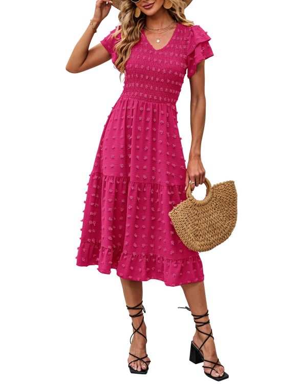 Women Casual Summer Short Ruffles Tiered Sleeve Smocked Midi Dresses Bohemian Floral V Neck Wedding Guest Long Dresses