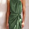 Women's Short Formal Satin Dress Summer Sleeveless Mock Neck Tie Waist Cocktail Party Dresses