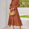 Women Spring Dresses 2025 Long Sleeve V Neck Swiss Dots Maxi Dress Boho Long Dress High Waisted A-Line Ruffle Dress