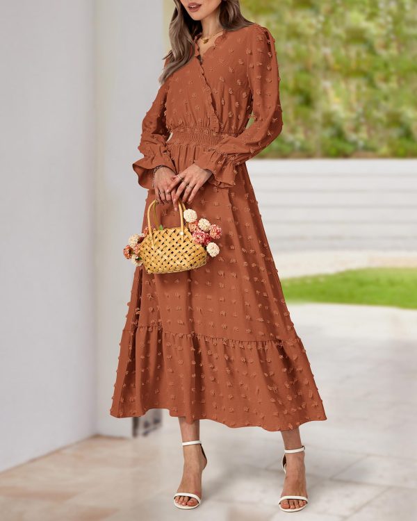 Women Spring Dresses 2025 Long Sleeve V Neck Swiss Dots Maxi Dress Boho Long Dress High Waisted A-Line Ruffle Dress