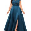 Women's Plus Size Sequin Lace Off Shoulder Satin Slit Formal Evening Party Maxi Dress