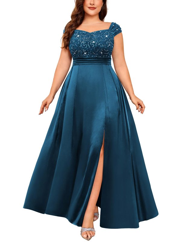 Women's Plus Size Sequin Lace Off Shoulder Satin Slit Formal Evening Party Maxi Dress