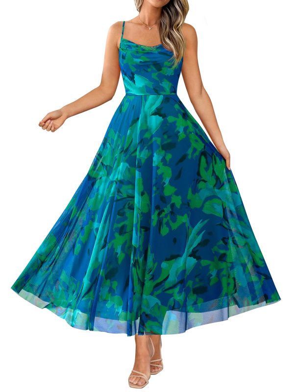 Women Summer Floral Maxi Dresses Elegant Spaghetti Strap Dress Printed Party Dress Beach Long Dresses