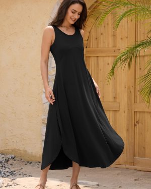 U Neck Backless Split Flowy Maxi Casual Tank Dress