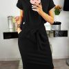 Women's Summer Short Sleeve Crewneck Striped Dress Basic Solid Tie Waist Office T Shirt Dresses Pockets