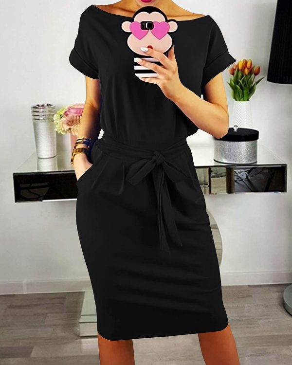 Women's Summer Short Sleeve Crewneck Striped Dress Basic Solid Tie Waist Office T Shirt Dresses Pockets