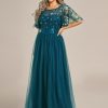 Women's Round Neck Short Sleeves Plus Size A-Line Tulle Sequin Formal Evening Dresses 0904-DA2