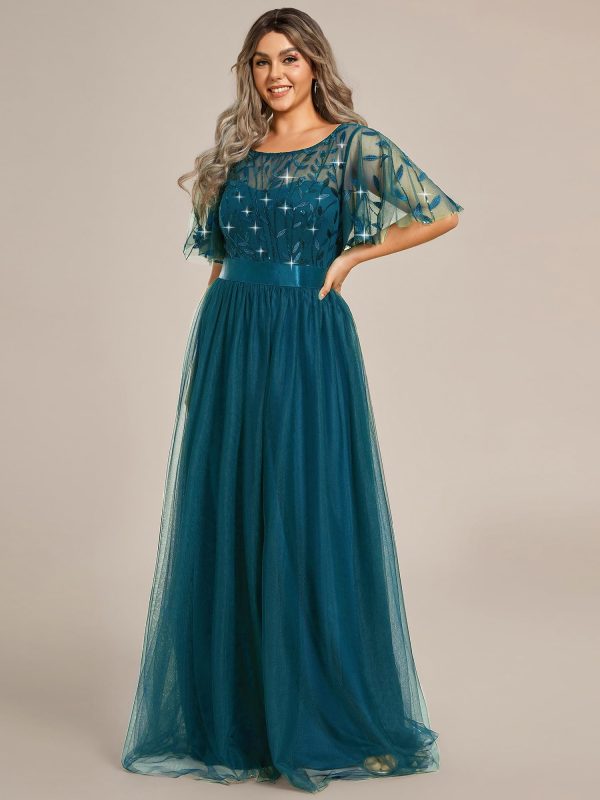 Women's Round Neck Short Sleeves Plus Size A-Line Tulle Sequin Formal Evening Dresses 0904-DA2