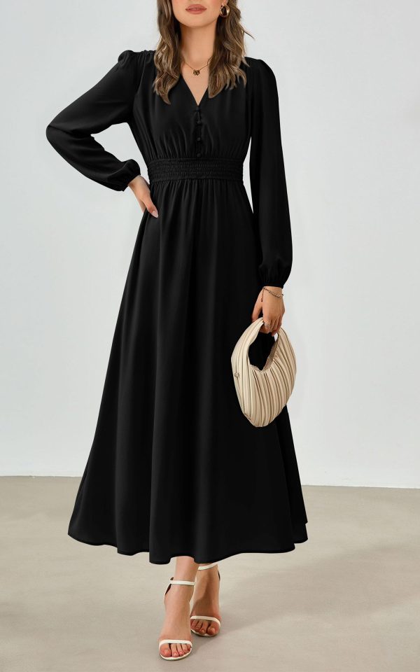 PRTTYGARDEN Womens Long Sleeve Maxi Dress 2025 Spring Trendy Elegant V Neck Flowy Wedding Guest Holiday Formal Long Dresses