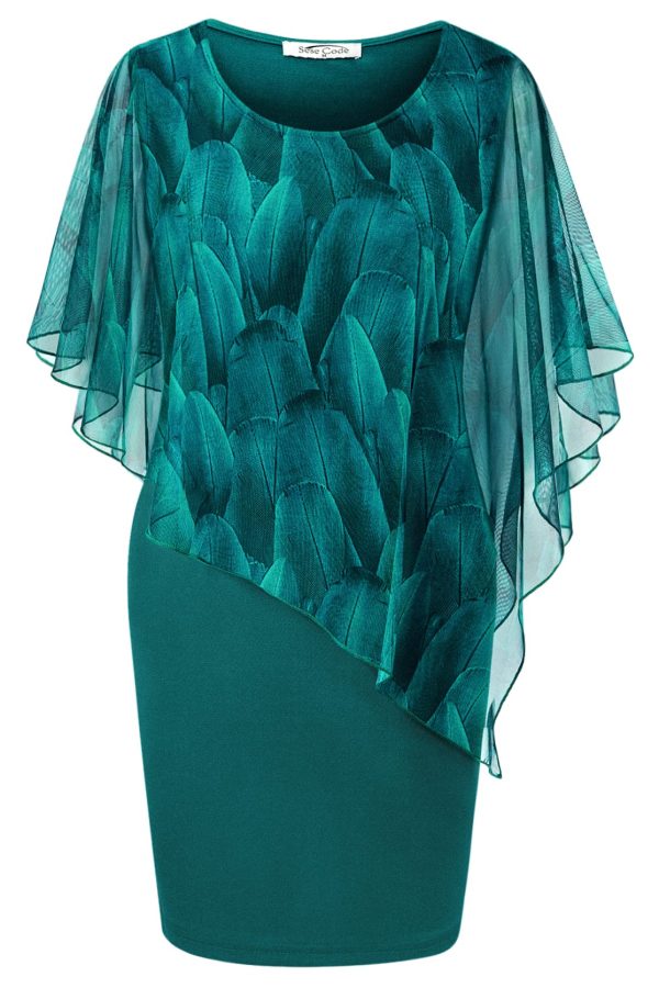Women's Mesh Cape Overlay Bodycon Knee Length Pencil Dress for Wedding Guest