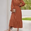 Women Spring Dresses 2025 Long Sleeve V Neck Swiss Dots Maxi Dress Boho Long Dress High Waisted A-Line Ruffle Dress
