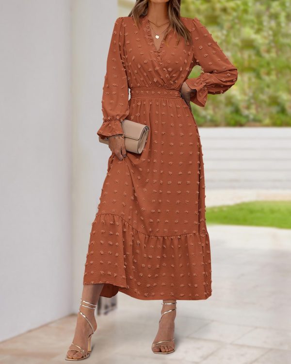 Women Spring Dresses 2025 Long Sleeve V Neck Swiss Dots Maxi Dress Boho Long Dress High Waisted A-Line Ruffle Dress