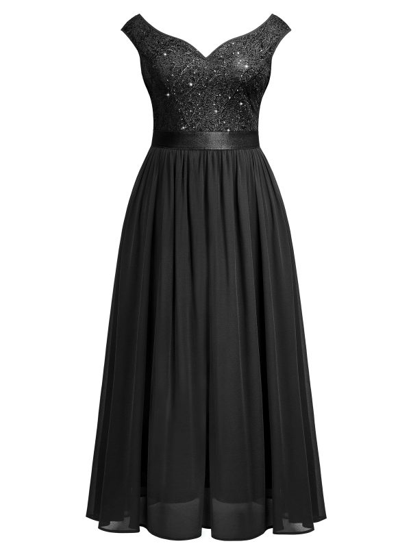 Women's Plus Size Elegant Lace Contrast Sequin V-Neck Floral Formal Evening Party Maxi Dress